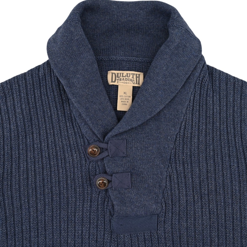 Cabincore Duluth Trading Co Mens XL Blue Wool Blend Fisherman Shawl Sweater